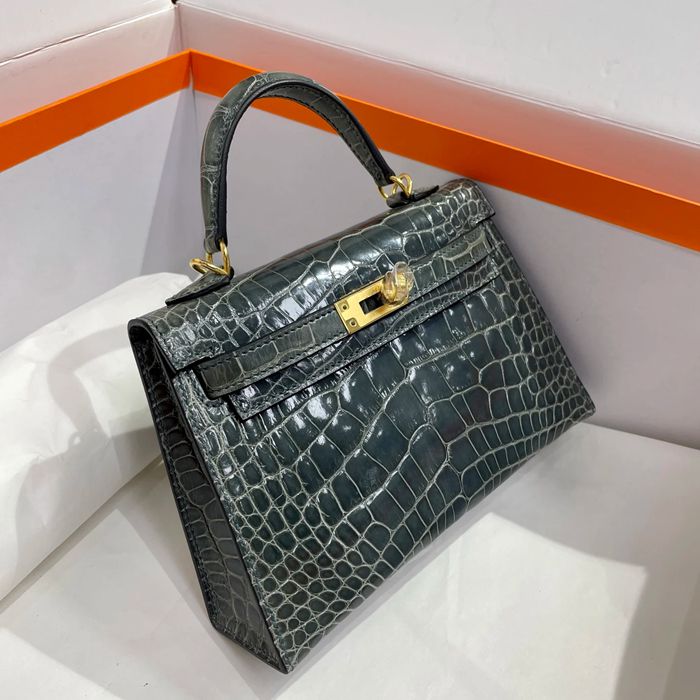 HERMES ケリー 19cm ワニ革 ブルー ショルダーバッグ 高品質 金具ゴールド 19cm Kelly 19cm サイズ:19cm