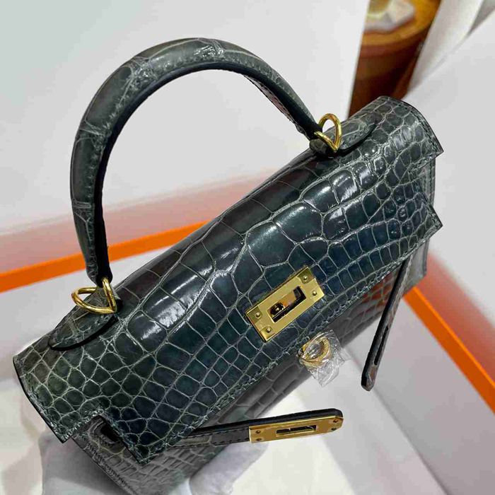 HERMES ケリー 19cm ワニ革 ブルー ショルダーバッグ 高品質 金具ゴールド 19cm Kelly 19cm サイズ:19cm