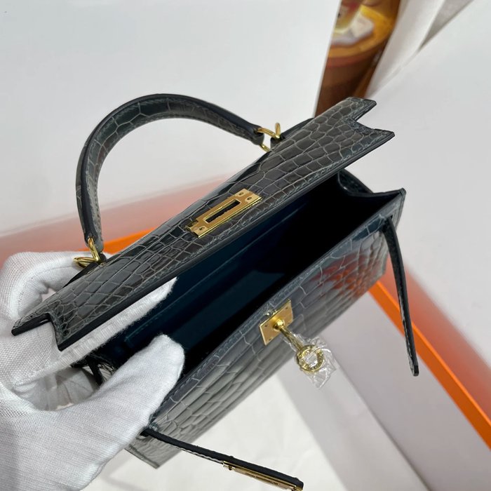 HERMES ケリー 19cm ワニ革 ブルー ショルダーバッグ 高品質 金具ゴールド 19cm Kelly 19cm サイズ:19cm
