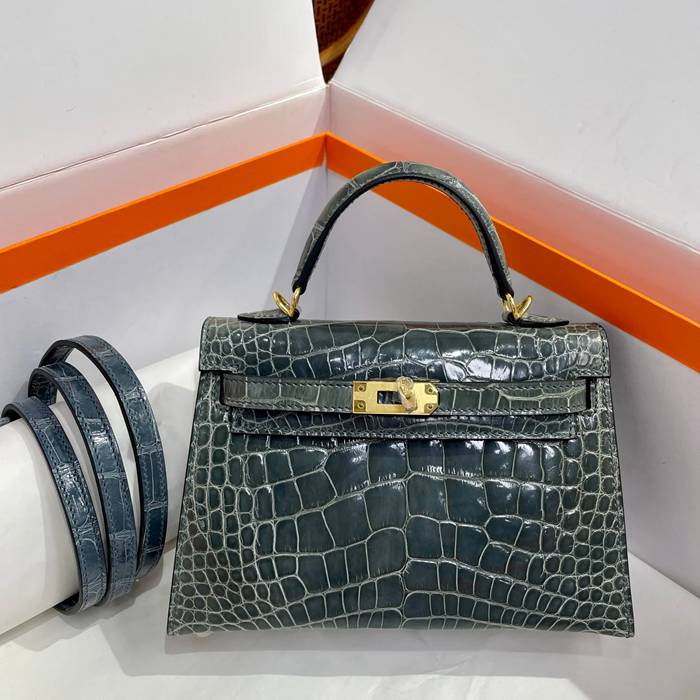 HERMES ケリー 19cm ワニ革 ブルー ショルダーバッグ 高品質 金具ゴールド 19cm Kelly 19cm サイズ:19cm