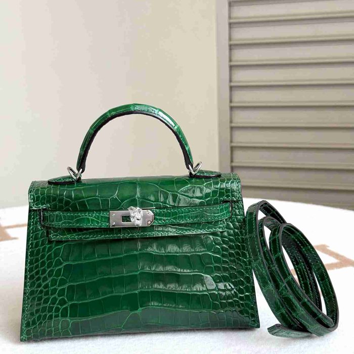 HERMES ケリー 19cm ワニ革 グリーン ショルダーバッグ 高品質 19cm Kelly 19cm サイズ:19cm