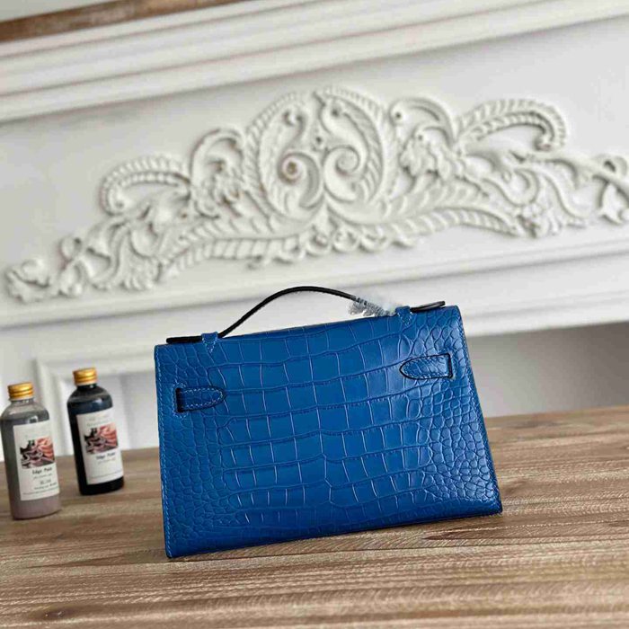 HERMES ケリー 22cm カーフレザー ワニ紋 ショルダーバッグ セミハンドメイド 金具シルバー 22cm Kelly 22cm サイズ:22cm