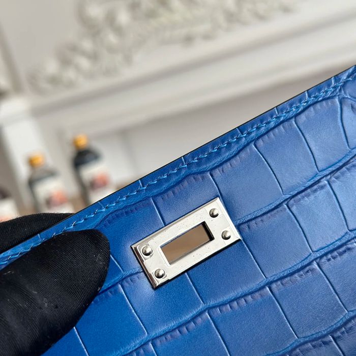 HERMES ケリー 22cm カーフレザー ワニ紋 ショルダーバッグ セミハンドメイド 金具シルバー 22cm Kelly 22cm サイズ:22cm