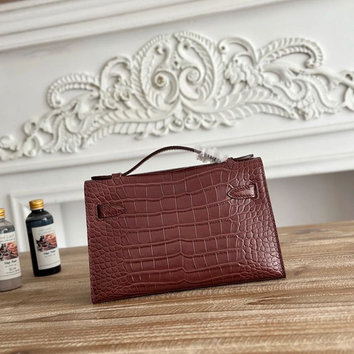 HERMES ケリー 22cm カーフレザー ワニ紋 ショルダーバッグ セミハンドメイド 金具ゴールド 22cm Kelly 22cm サイズ:22cm
