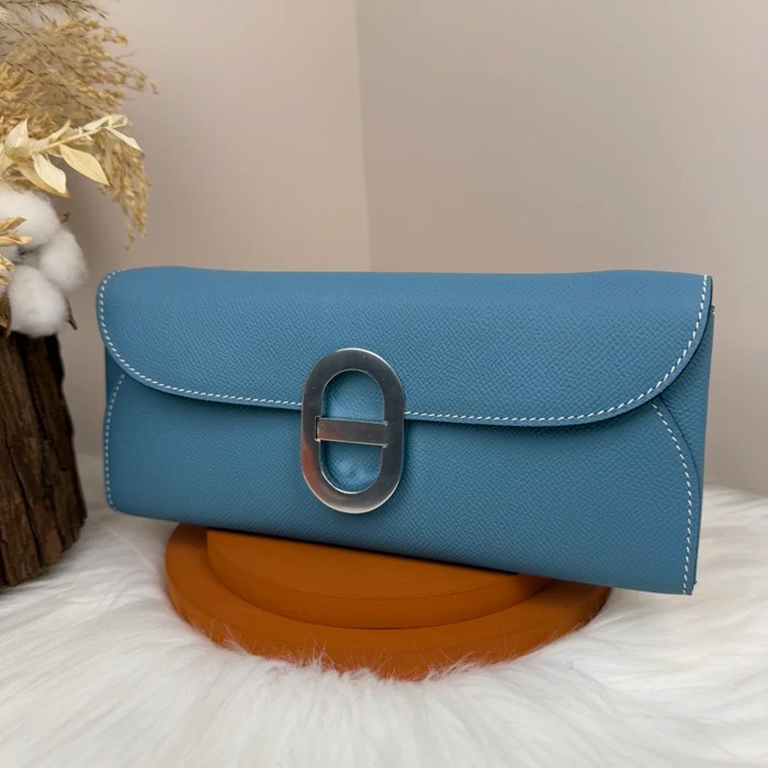 HERMES カーフスキン デニムブルー 斜め掛けバッグ セミハンドメイド 金具ゴールド/シルバー 10×2.5cm サイズ:24×10×2.5cm