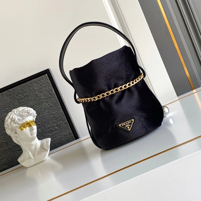 PRADA 1BE088 ナイロン、レザー ゴールド、プリント ショルダーバッグ、ハンドバッグ、チェーンバッグ、バケツバッグ ナイロン、チェーン 19x15cm サイズ:19x15cm