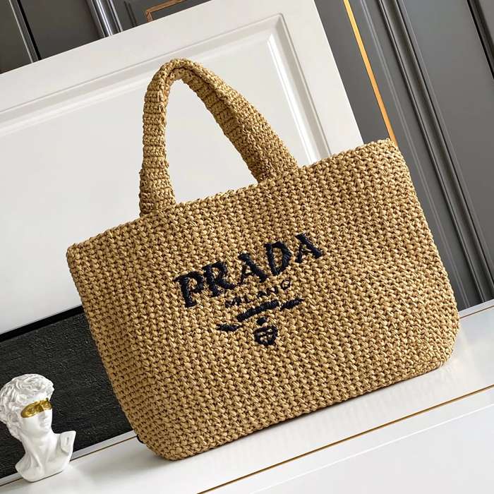 PRADA 1BG392 編み プリント、ギンガム ハンドバッグ、トートバッグ 編み、トート、大 40x34x15cm サイズ:40x34x15cm
