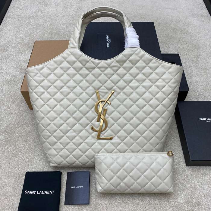 SAINT LAURENT 698651 ラムレザー ホワイト、ゴールド ハンドバッグ イカール 27x13cm サイズ:27x13cm