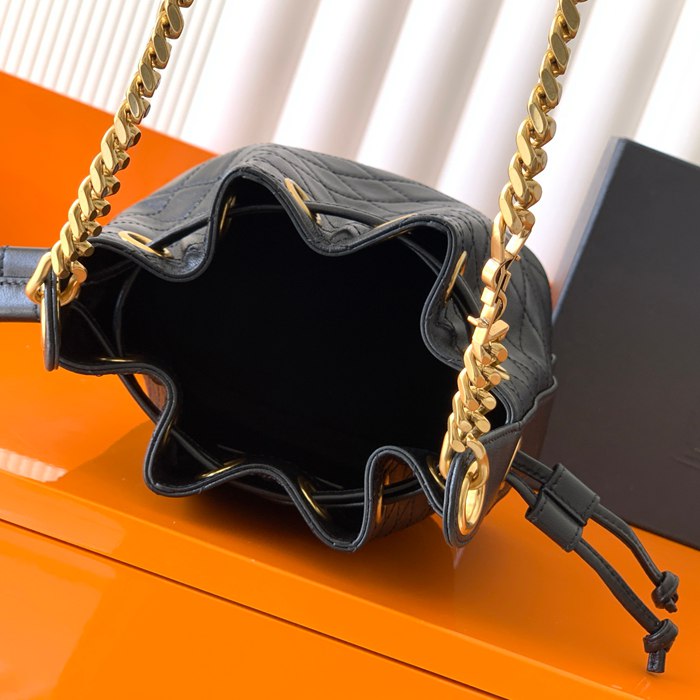 SAINT LAURENT 840886 ラムレザー、カーフレザー ブラック、ゴールド バケツバッグ チェーン、ベッキー、ミニ 25x11cm サイズ:25x11cm