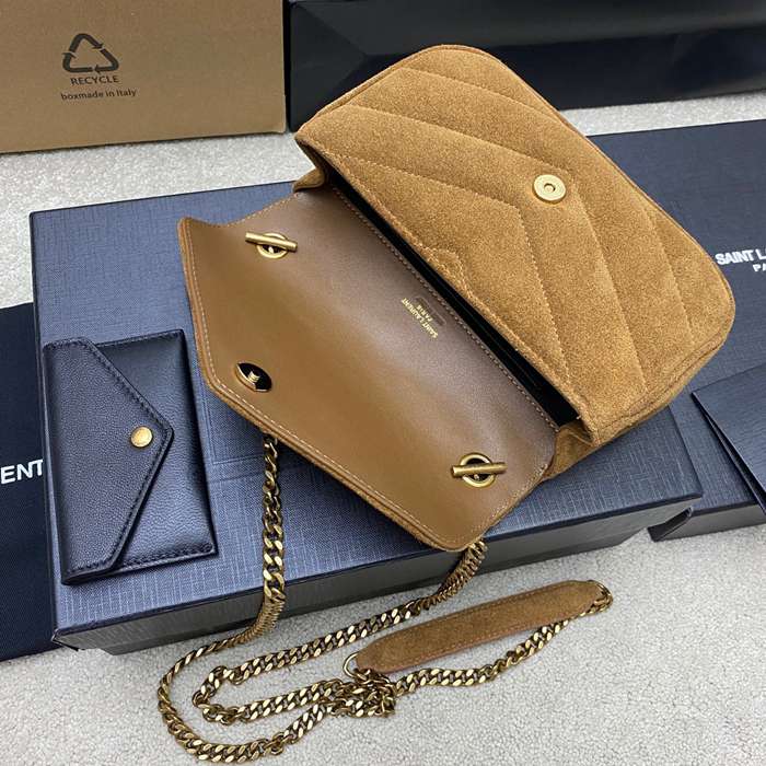 SAINT LAURENT 821749 ラムレザー、マット ブラウン、ゴールド、マット ハンドバッグ チェーン、ミニ 20x12cm サイズ:20x12cm