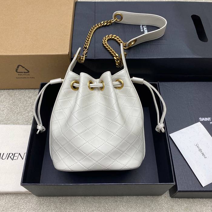 SAINT LAURENT 840886 ラムレザー、カーフレザー ホワイト、ゴールド バケツバッグ チェーン、ベッキー、ミニ 25x11cm サイズ:25x11cm