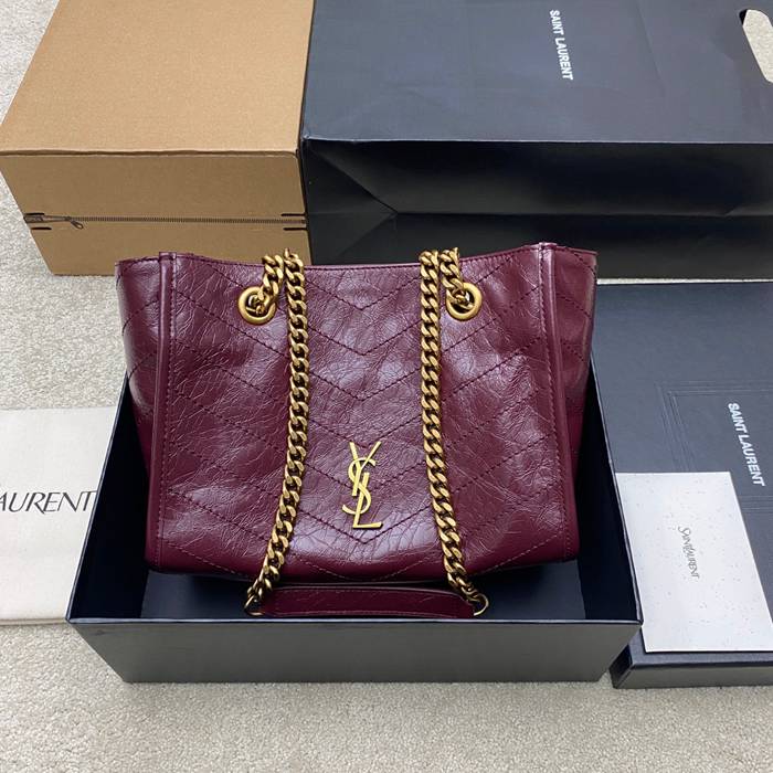 SAINT LAURENT 872680 カーフレザー ブラック、レッド、ゴールド ハンドバッグ チェーン、ニキ 25x22x10cm サイズ:25x22x10cm