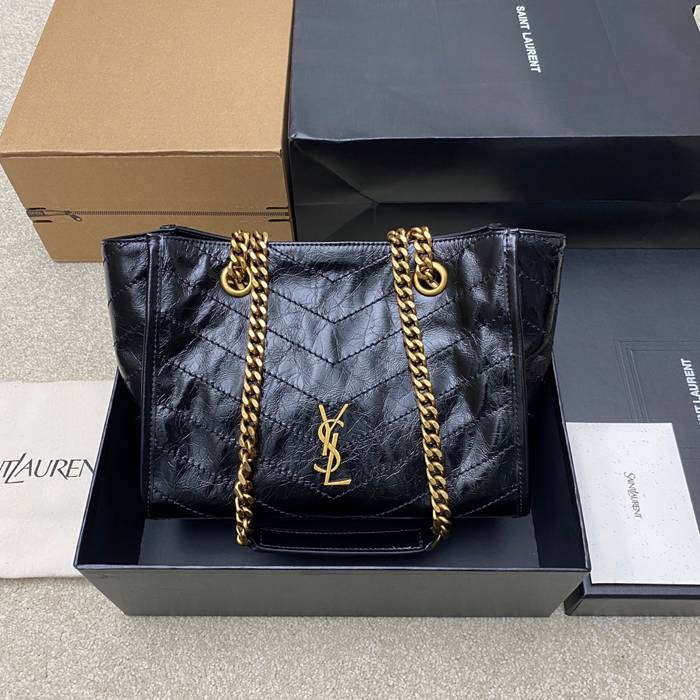 SAINT LAURENT 872680 カーフレザー ブラック、ゴールド ハンドバッグ チェーン、ニキ 25x22x10cm サイズ:25x22x10cm