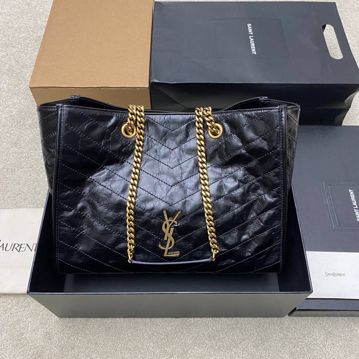 SAINT LAURENT 871151 カーフレザー ブラック、ゴールド ハンドバッグ チェーン、ニキ、大 33x27x14cm サイズ:33x27x14cm