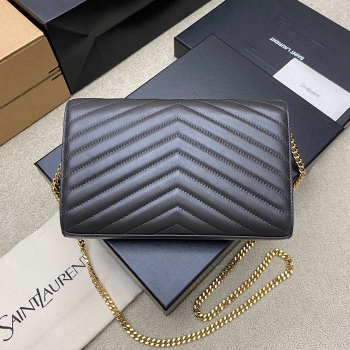 SAINT LAURENT 377828 ラムレザー グレー、ゴールド ハンドバッグ チェーン、クラシック 14x5cm サイズ:22.5x14x4cm