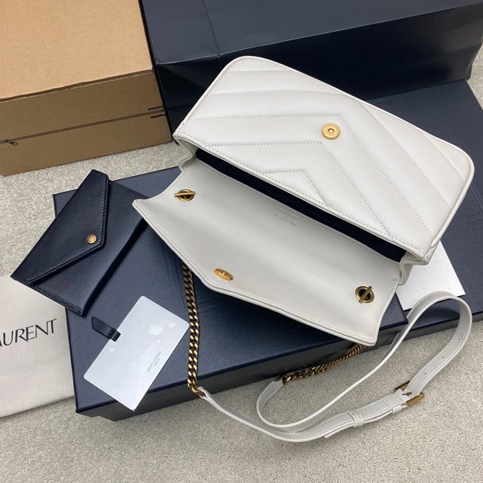 SAINT LAURENT 869461 ラムレザー ホワイト、ゴールド 斜め掛けバッグ チェーン 25x13cm サイズ:25x13cm