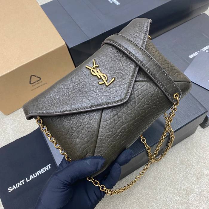 SAINT LAURENT 819271 ラムレザー、エレファント グリーン、ゴールド、エレファント 斜め掛けバッグ、チェーンバッグ、封筒バッグ チェーン、封筒、カリプソ、ミニ 19x12cm サイズ:19x12cm