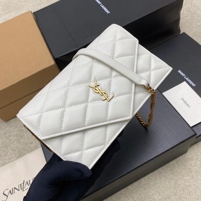 SAINT LAURENT 871140 ラムレザー ホワイト、ゴールド、クリーム 斜め掛けバッグ、チェーンバッグ チェーン、ベッキー 20x13cm サイズ:20x13cm