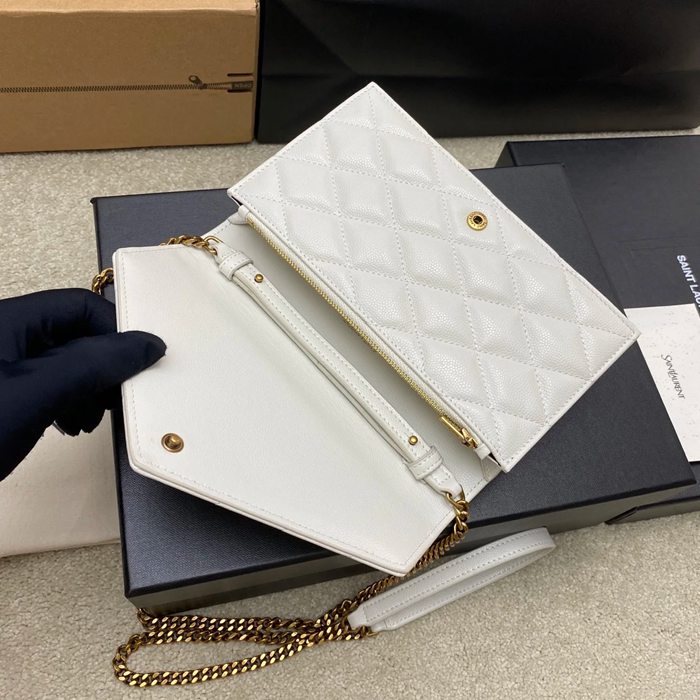 SAINT LAURENT 871140 ラムレザー ホワイト、ゴールド、クリーム 斜め掛けバッグ、チェーンバッグ チェーン、ベッキー 20x13cm サイズ:20x13cm