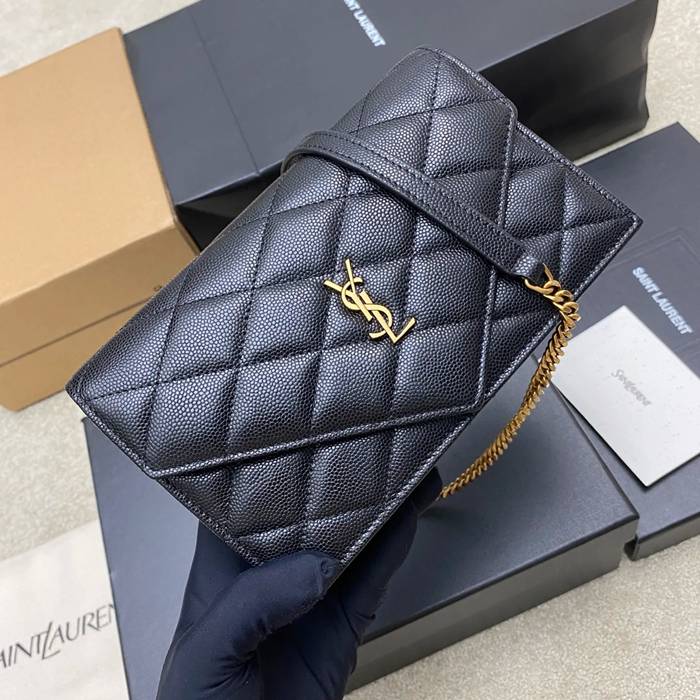 SAINT LAURENT 871140 ラムレザー ブラック、ゴールド、ボール 斜め掛けバッグ、チェーンバッグ チェーン、ベッキー 20x13cm サイズ:20x13cm
