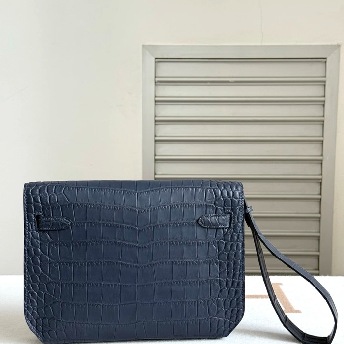 HERMES ケリー デペッシュ 25cm クラッチバッグ マットワニ皮 デニムブルー サイズ: