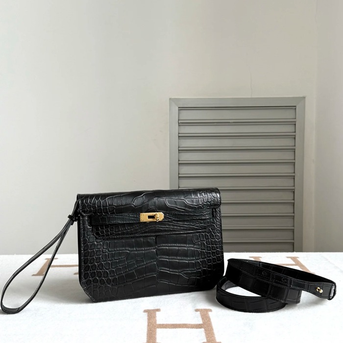 HERMES ケリー デペッシュ 25cm クラッチバッグ マットワニ腹皮 ブラック サイズ: