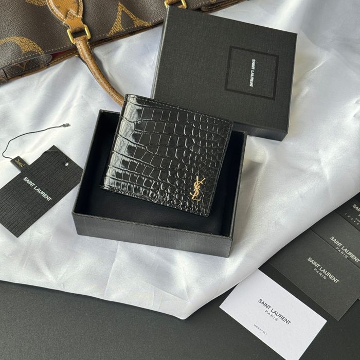 SAINT LAURENT 607727 メンズ対折り財布 ワニ紋 サイズ:11x9.5x2.5cm