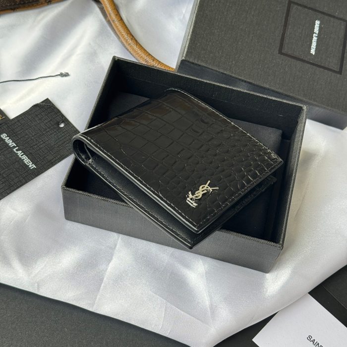 SAINT LAURENT 607727 メンズ対折り財布 ワニ紋 サイズ:11x9.5x2.5cm