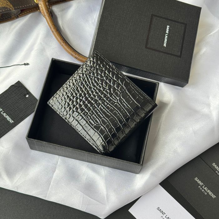 SAINT LAURENT 607727 メンズ対折り財布 ワニ紋 サイズ:11x9.5x2.5cm