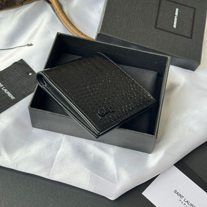 SAINT LAURENT 607727 メンズ対折り財布 ワニ紋 サイズ:11x9.5x2.5cm