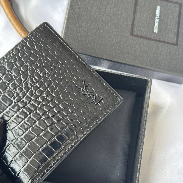 SAINT LAURENT 607727 メンズ対折り財布 ワニ紋 サイズ:11x9.5x2.5cm