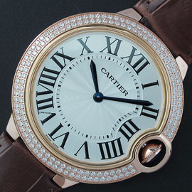 CARTIER バロンブルー 46mm ブラウン革ベルト 全面ダイヤベゼル 丁寧対応